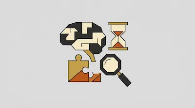 A brain made of interlocking shapes, an hourglass, a puzzle piece, and a magnifying glass.
