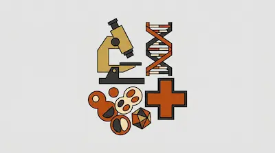 Stylized icons of a microscope, a DNA strand, a medical cross, and various biological shapes.