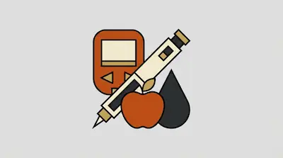 A blood glucose monitor, an insulin pen, an apple, and a drop of liquid.