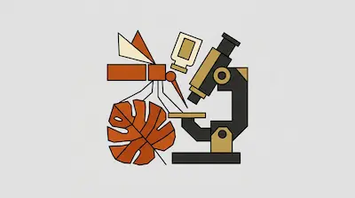 A geometric arrangement of a mosquito, a microscope, a monstera leaf, and a small vial in orange and tan tones.