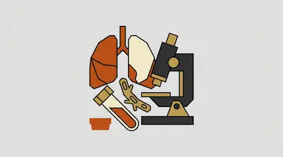 A stylized graphic of human lungs, a microscope, and a test tube.