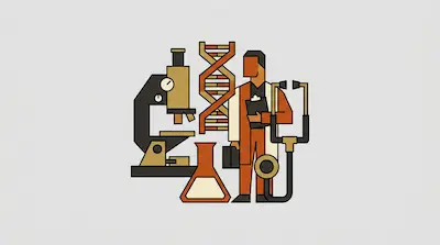 A stylized figure in a lab coat holding a clipboard is surrounded by a microscope, a DNA double helix, a flask, and a stethoscope.