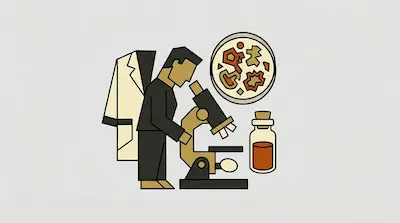 A person looks through a microscope next to a petri dish and a bottle of liquid.