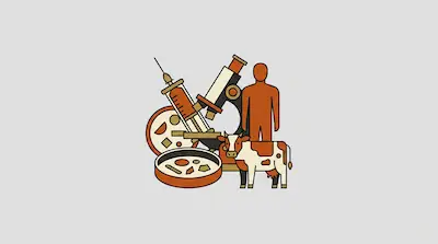 A syringe, microscope, human figure, cow, and petri dishes are grouped together.