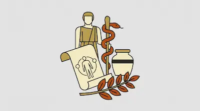 A man in a tunic stands behind a staff with a snake coiled around it, a scroll with a human figure, a jar, and a leafy branch.