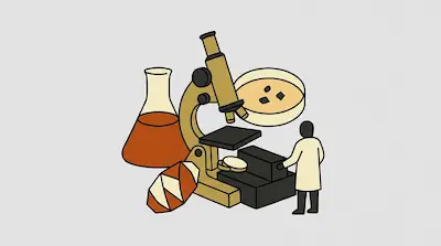 A microscope, a flask filled with orange liquid, a petri dish, and a small person in a lab coat.
