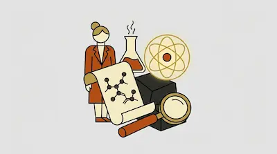 A person in a lab coat stands next to a beaker, an atom model, a magnifying glass, and a scroll with a molecular diagram.