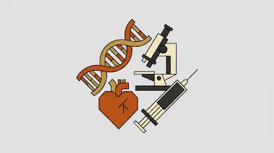 A DNA double helix, a microscope, a heart, and a syringe are arranged in a cluster.