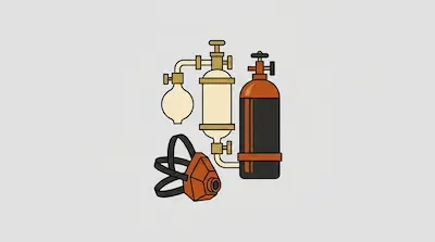 A steampunk-style breathing apparatus consisting of a gas mask, a large tank, and various valves and tubes.
