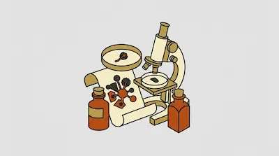 A microscope sits next to two brown bottles and a scroll featuring a molecular diagram.