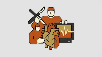 Two surgeons in orange scrubs stand behind a large heart, a scalpel, and a medical monitor showing a heartbeat.