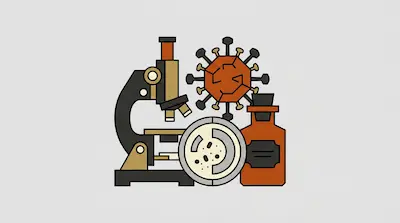 A microscope, a virus particle, a petri dish, and a medicine bottle.