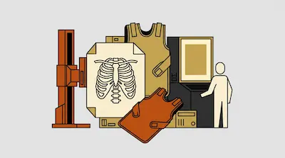 An X-ray machine, a chest X-ray film, lead aprons, and a person at a computer console.