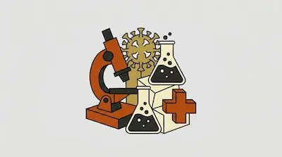 A microscope, two flasks, a virus, and a medical cross are grouped together.