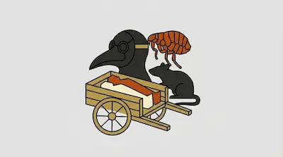 A beaked plague doctor mask, a flea, and a rat positioned behind a wooden cart carrying rectangular shapes.