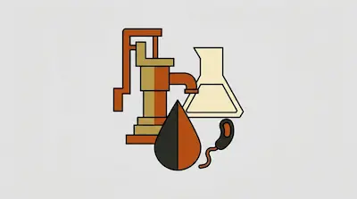 A hand-operated water pump, an Erlenmeyer flask, a large droplet, and a bacterium.