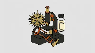 A microscope surrounded by a spiky virus model, a medical vial, and a leg brace.