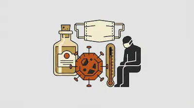 A collection of icons featuring a medicine bottle, a face mask, a virus particle, a thermometer, and a person wearing a mask.