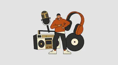 A person in an orange hoodie stands surrounded by a large microphone, boombox, headphones, and a vinyl record.