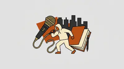 A person in a hoodie holding a microphone stands before a city skyline, a large microphone, and an open book with a pencil.