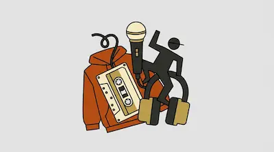 Stylized icons of an orange hoodie, a cassette tape, a microphone, headphones, and a stick figure wearing a baseball cap.