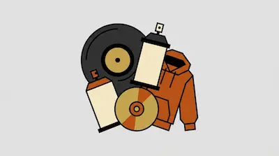 A vinyl record, two spray paint cans, a CD, and an orange hoodie are grouped together.