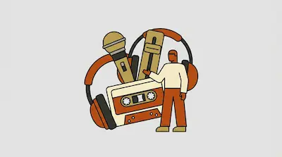 A person stands next to a large cassette tape, with a microphone, headphones, and an audio fader in the background.