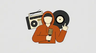 A person in an orange hoodie holds a microphone with a boombox and a vinyl record in the background.