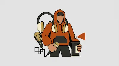 A person in an orange hoodie holds a microphone and a spray paint can, surrounded by headphones and microphones.