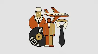 Stylized geometric icons of a figure in a suit, an airplane, a vinyl record, a champagne flute, and a necktie.