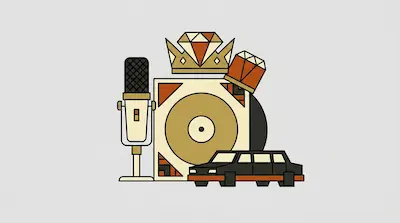 A collection of stylized icons including a microphone, a record player, a crown with a diamond, a drum, and a limousine.