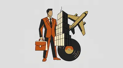 A man in a suit holding a briefcase stands next to a skyscraper, an airplane, and a vinyl record.