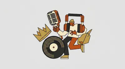 A stylized figure holds a large microphone and wears oversized headphones, positioned next to a vinyl record and a crown.