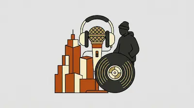 A microphone wearing headphones, a vinyl record, a person in a hoodie, and a city skyline.