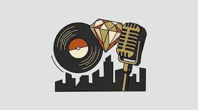 A vinyl record, a faceted diamond, and a vintage microphone are positioned above a black city skyline silhouette.