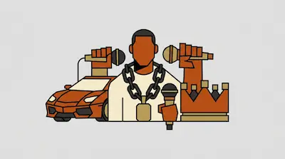 Flat illustration of a man with a gold chain, surrounded by microphones, a sports car, and a crown on a gray background