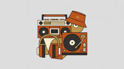 Flat illustration of a boombox, record player, and headphones with a bucket hat in orange and tan tones