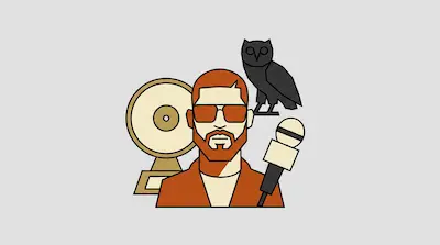 Flat illustration of a bearded man in sunglasses with a gold record, a microphone, and a black owl on a gray background
