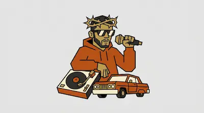Flat illustration of a man in an orange hoodie wearing a crown of thorns, holding a microphone next to a record player