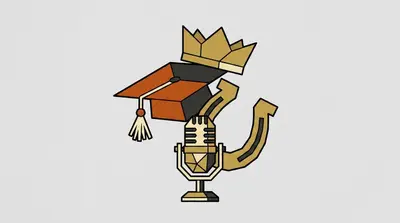 A microphone wearing a graduation cap topped with a crown, with a horseshoe behind it.