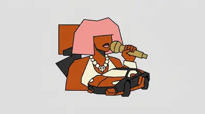 Flat illustration of a woman with pink hair holding a microphone next to an orange sports car on a gray background