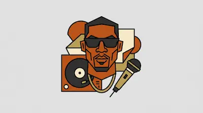 Flat illustration of a man with sunglasses, a gold chain, a microphone, and a record player on a light gray background