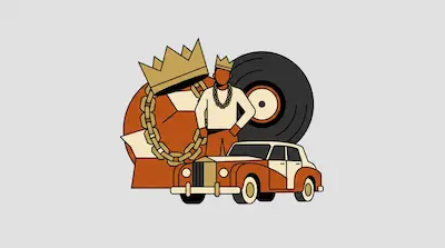 A person wearing a crown and gold chain stands behind a vintage car, surrounded by a soccer ball, a vinyl record, and a large crown.