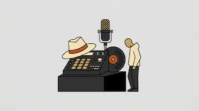 A person stands next to a music production setup featuring a drum machine, a vinyl record, a microphone, and a hat.