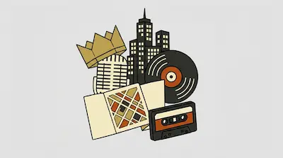 Stylized icons of a crown, microphone, city buildings, vinyl record, map, and cassette tape are clustered together.