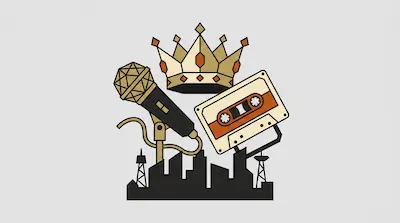 A gold crown, a microphone, and a cassette tape are arranged above a black city skyline silhouette.