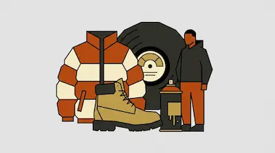A striped puffer jacket, a tan work boot, a vinyl record, a spray paint can, and a person are grouped together.