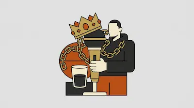 A person in a black hoodie holds a large microphone topped with a gold crown, standing next to a basketball wrapped in gold chains and a glass of dark liquid.