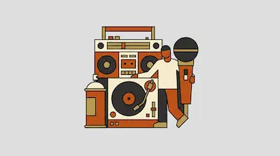 A person stands next to a boombox, turntable, and spray paint can while holding a large microphone.