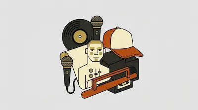 A vinyl record, microphones, a baseball cap, and a boombox are arranged around a stylized human figure with audio mixer controls.